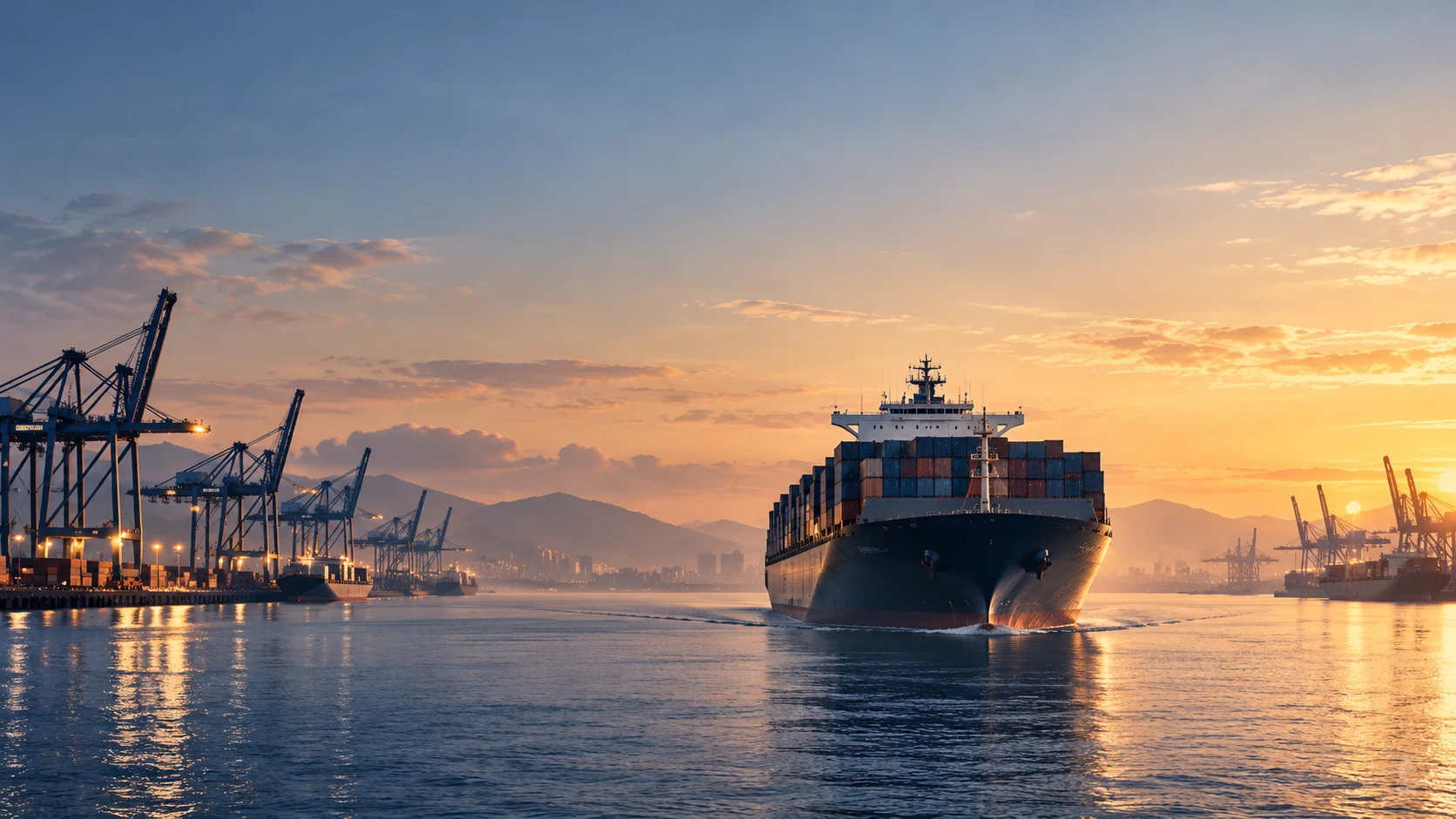 Illustrative container ship entering a harbour; not a Mervanor vessel